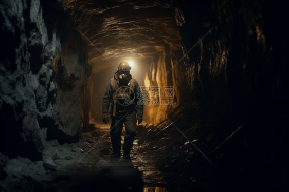 矿工行走在昏暗的隧道图片
