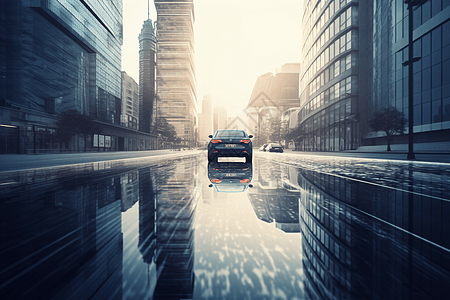 汽车驶过一个拥有高楼和反光表面的现代时尚城市图片