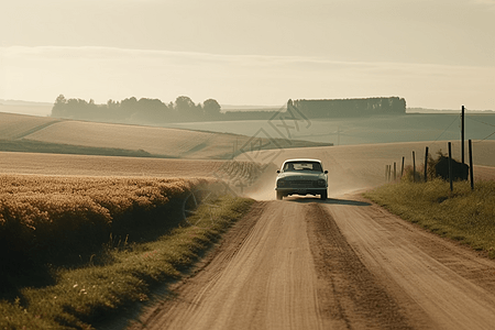 有田野和农舍的乡村道路上行驶的汽车图片