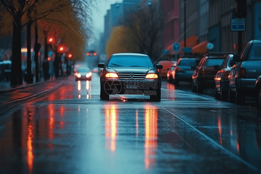 驶过多雨城市街道的汽车图片