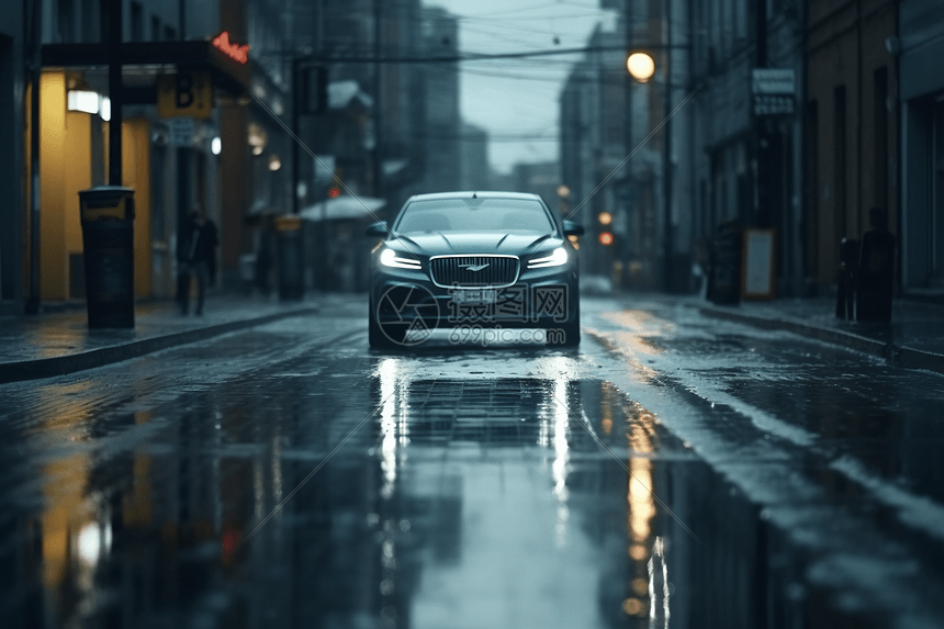 汽车驶过多雨的城市街道图片