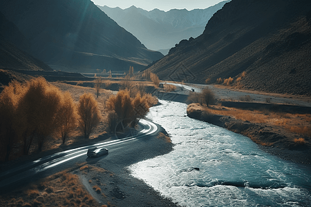 沿着蜿蜒河道路行驶的汽车图片