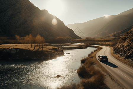 沿着河道路行驶的汽车图片