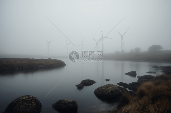 雾蒙蒙的一天，风电场的宁静景象，涡轮机部分被雾气遮盖，水反射柔和的漫射光。图片