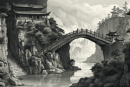 山地景观中的水墨桥梁背景图片