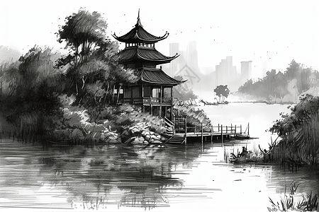 黑色绘画传统的中国凉亭背景图片