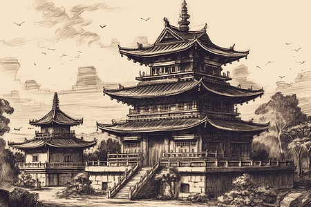 中国寺庙建筑水墨画图片