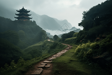 迷雾笼罩的山景图片