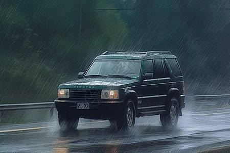 在雨天行驶的SUV创意插图图片