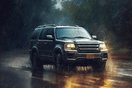 雨天交通在雨天行驶的SUV平面插图插画