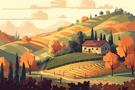 秋天梯田山坡上的一个小农场插画