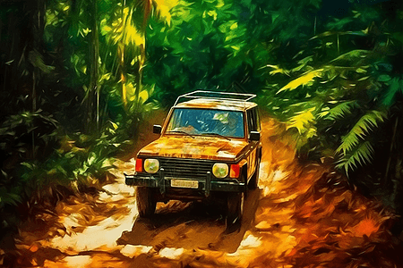 一辆在丛林中导航的SUV艺术插图图片