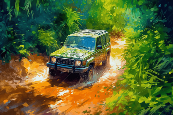 一辆在丛林中导航的SUV绘画插图图片