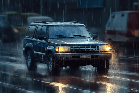 在雨天行驶的SUV手绘插图图片