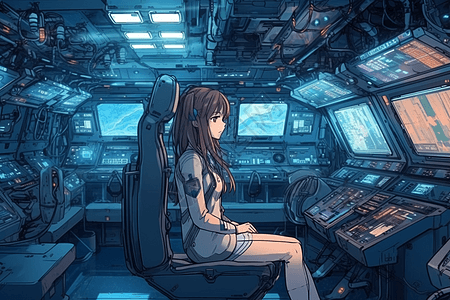 宇宙飞船中的动漫女孩创意插图图片