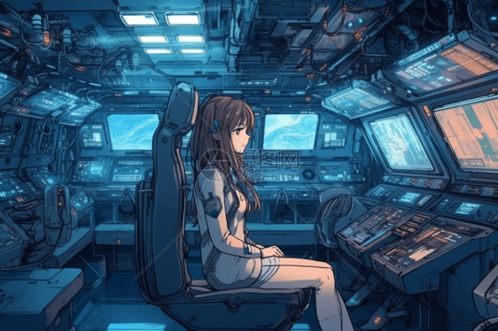 宇宙飞船中的动漫女孩创意插图图片