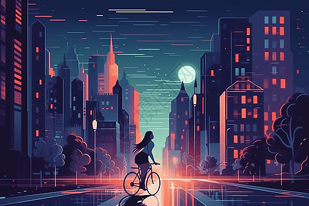 女孩在城市街道上骑自行车插图图片