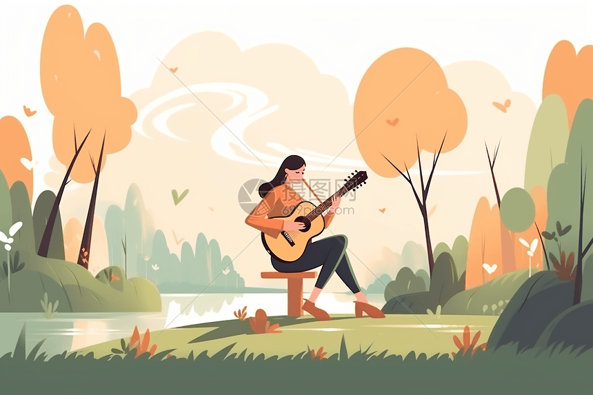 女人在公园里弹吉他艺术插图图片
