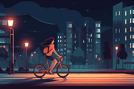 女孩在城市街道上骑自行车艺术插图图片