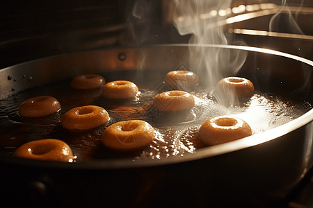热油锅中的甜甜圈图片