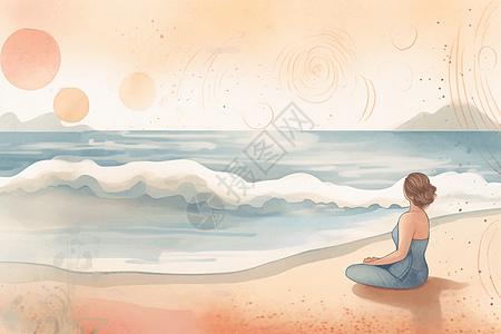 海滩上练习瑜伽的女人创意插图背景图片
