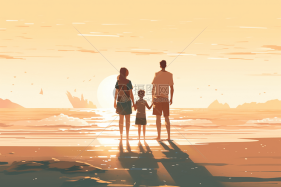海滩上散步家庭插图图片