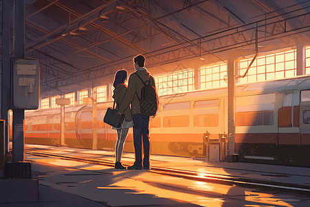 年轻夫妇在火车站站台平面插图图片