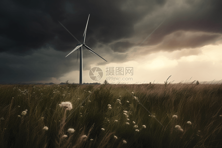 草原中的风车涡轮机图片