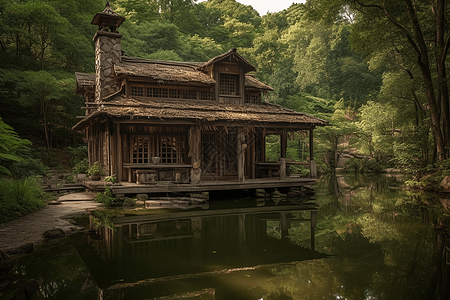 坐落在树林中乡村小屋图片