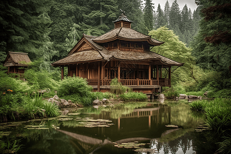 坐落在树林中乡村小屋图片