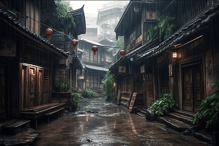 中式木屋雨季中的小巷背景