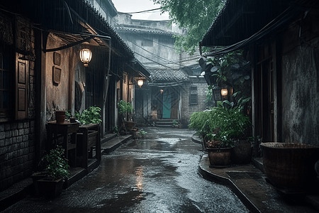 中式木屋雨季中国小巷背景