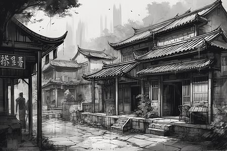水墨中国传统庭院建筑图片