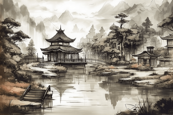 一座带有池塘和凉亭的中国传统花园图片