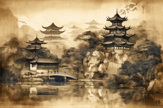 宫殿的中国水墨画图片