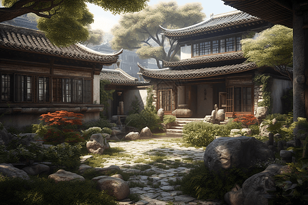 中式传统建筑插画图片