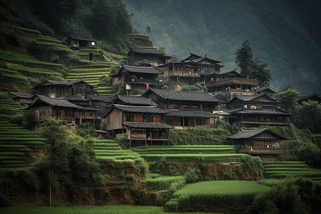 一个坐落在山谷中的乡村图片