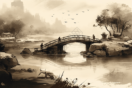 平静河流上的传统中国桥梁图片