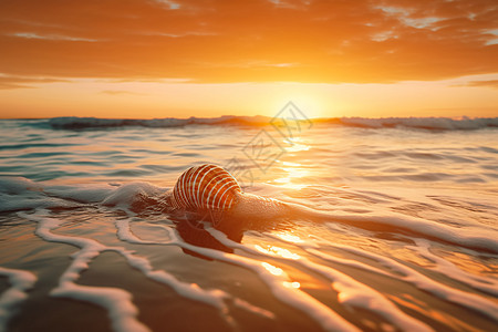 日出和大海上的海螺图片