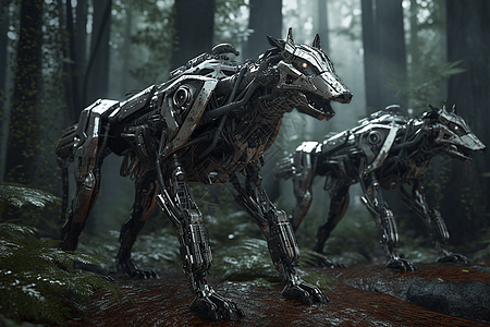 森林中徘徊的机器人狼图片