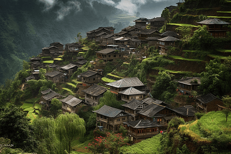 坐落在山上的村庄图片