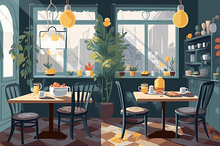 现代风格早餐咖啡馆创意插图图片