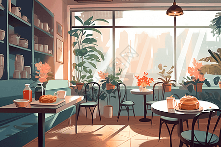 现代风格早餐咖啡馆平面插图图片