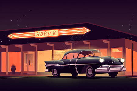 复古汽车餐厅插图图片