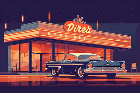 复古汽车餐厅艺术插图背景图片