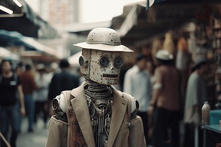 街头市场逛街的机器人图片