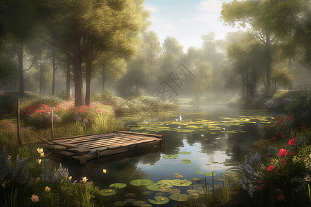 林间的池塘手绘插图图片