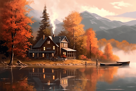 秋天林间的木屋平面插图图片