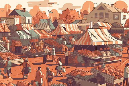 水果交易热闹的农贸市场创意插图插画