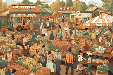 热闹的农贸市场艺术插图图片